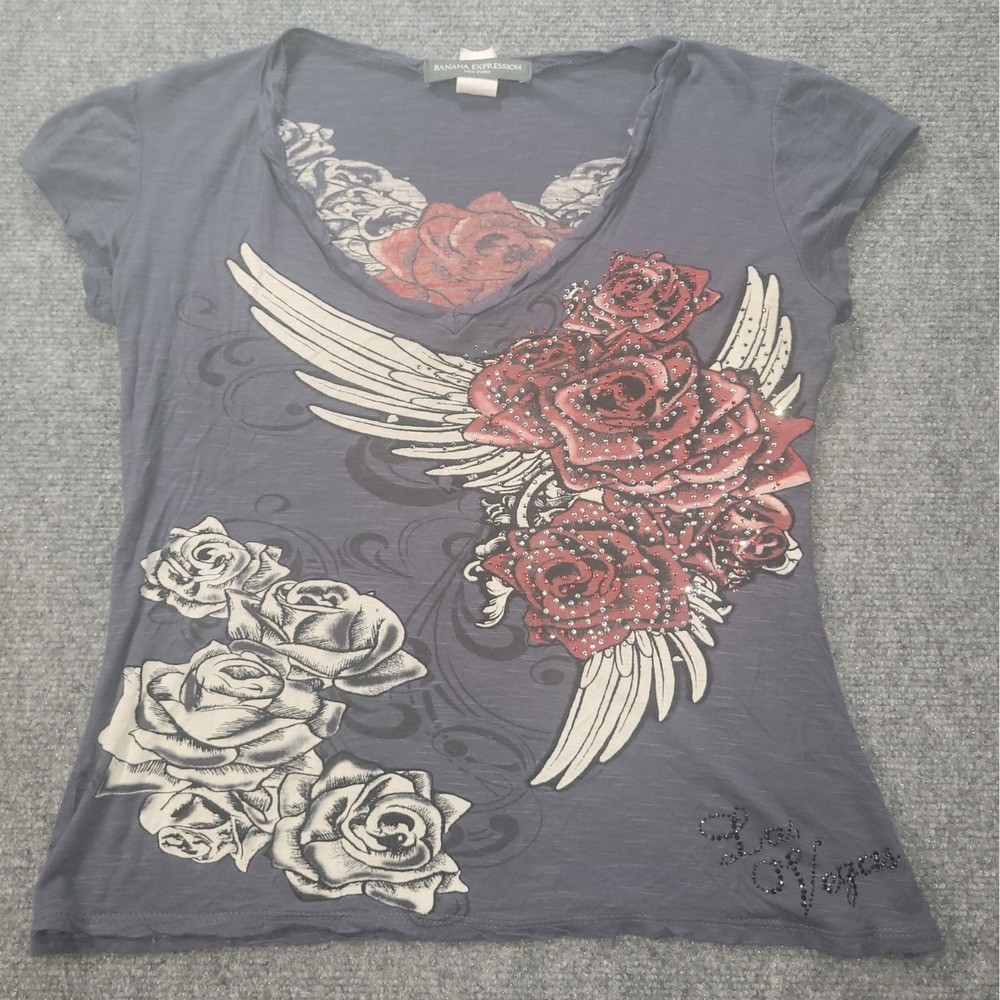 Banana Expression New York Gray Rose Wing Rhinestone Graphic Tee Las Vegas Large